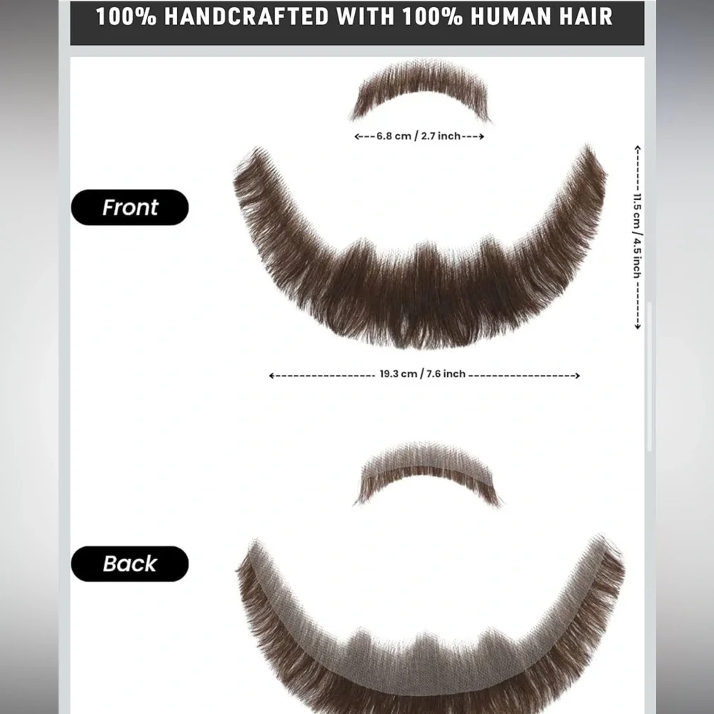 NEW! Premium Beard & Mustache 100% Human Hair Hand-Tied on Invisible Lace Brown